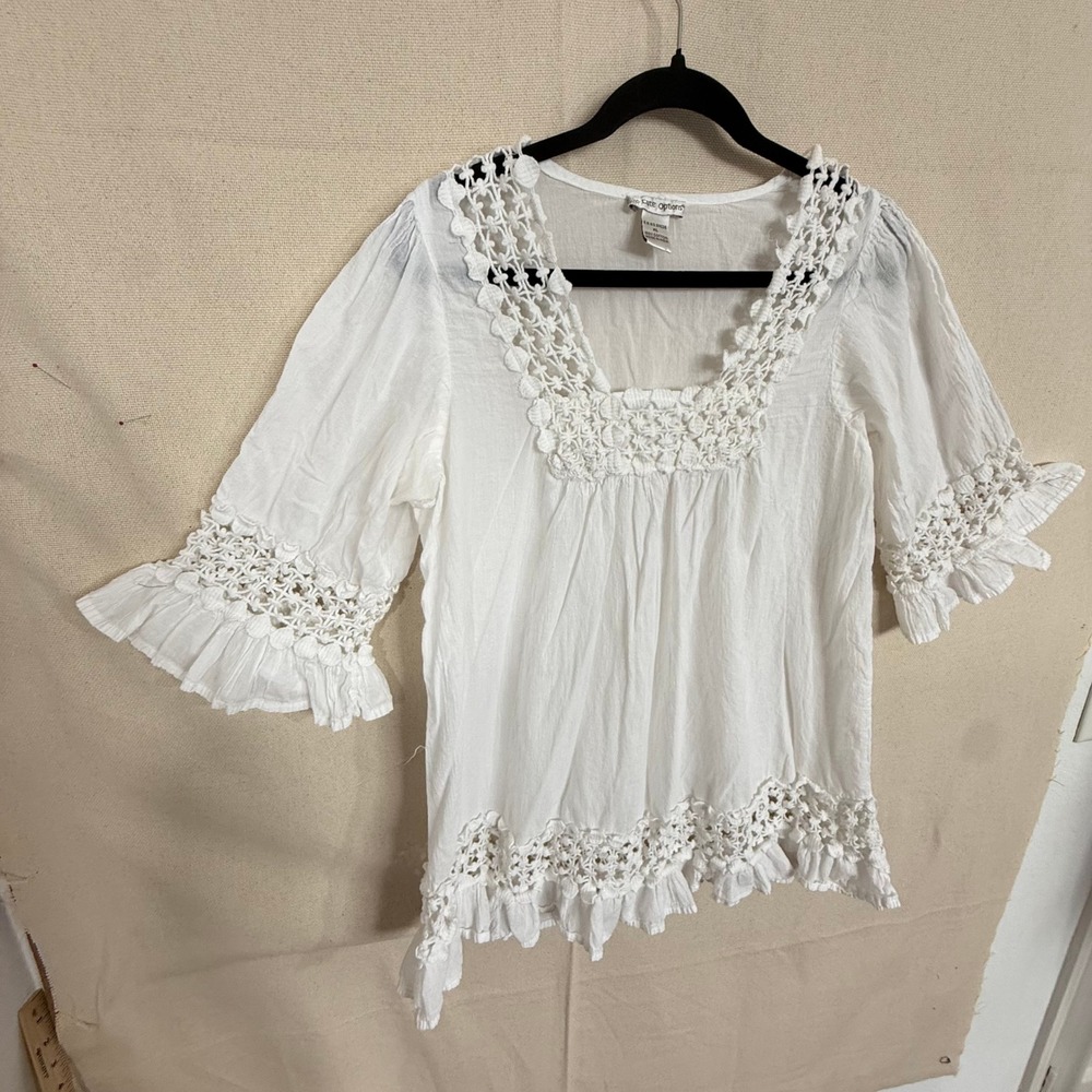 Cute Options White Cotton Crochet Lace Peasant Blouse XL Ruffle Boho Top - Picture 3 of 6